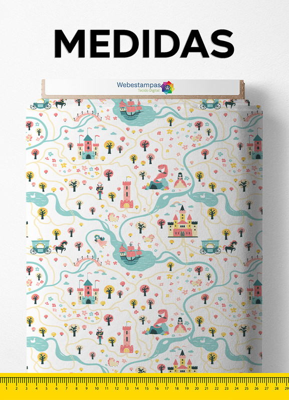 Tecido Malha 100% Algodão Fio 24 Estampa Digital Reino Encantado Fundo Branco 1,50m de Largura