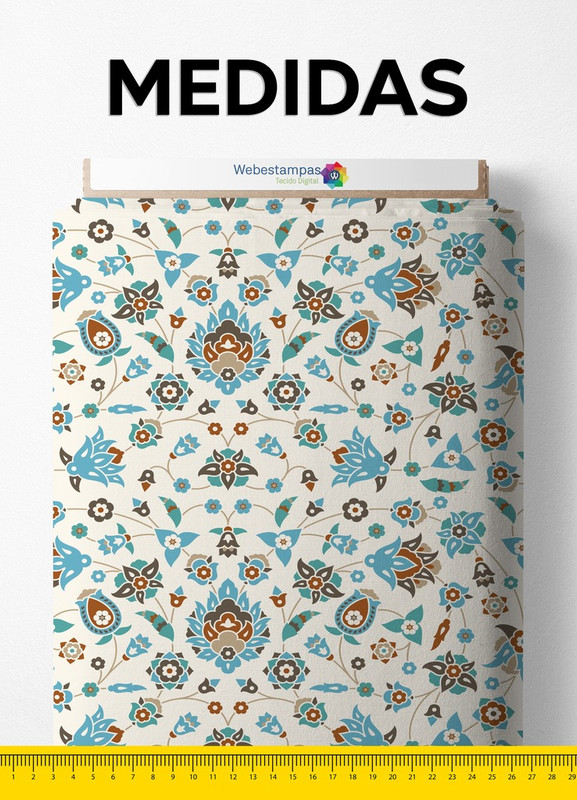 Tecido Suedine Estampa Digital Arabesco Floral Azul Com Beje 1,60m de Largura