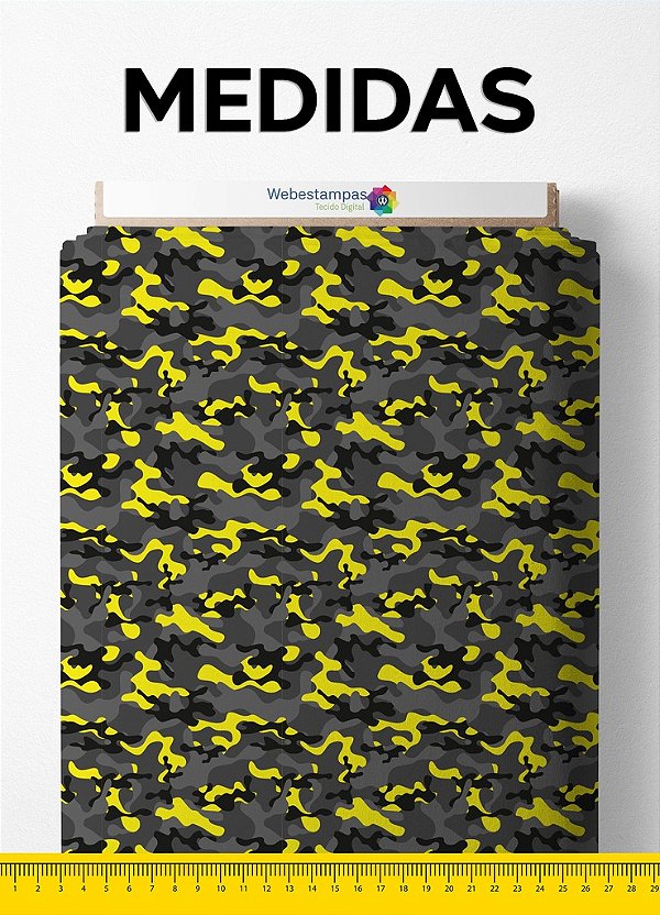 Tecido Cetim Estampa Digital Camuflada Amarela e Cinza 1,40m de Largura