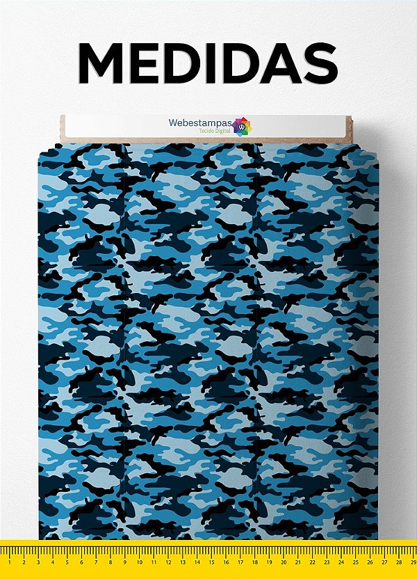 Tecido Cetim Estampa Digital Camuflada Azul e Preto 1,40m de Largura