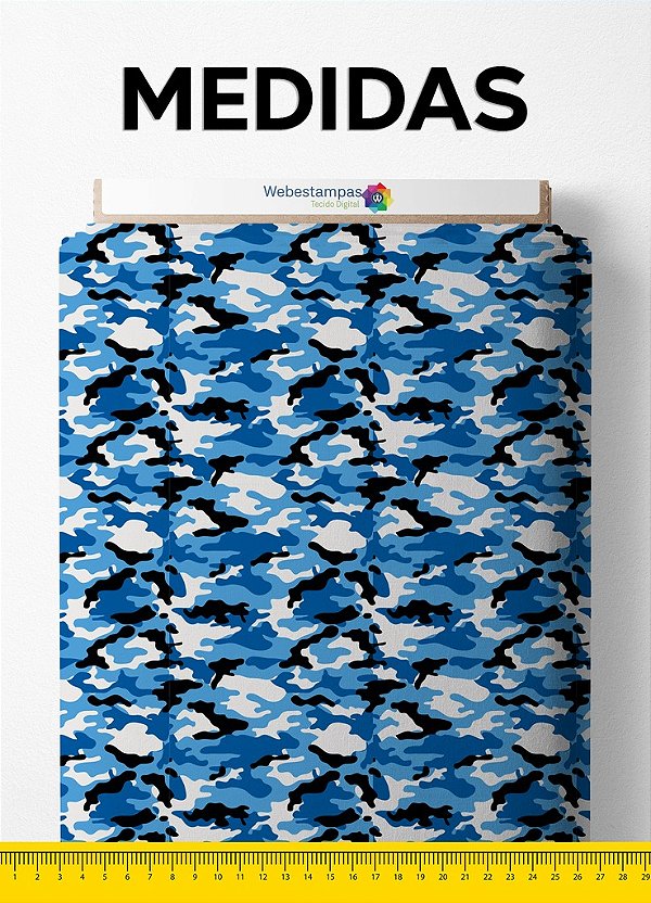 Tecido Cetim Estampa Digital Camuflada Azul, Branco e Preto 1,40m de Largura