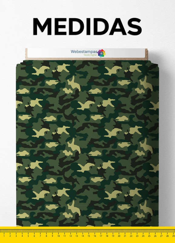 Tecido Cetim Estampa Digital Camuflagem Verde, Bege e Preto 1,40m de Largura