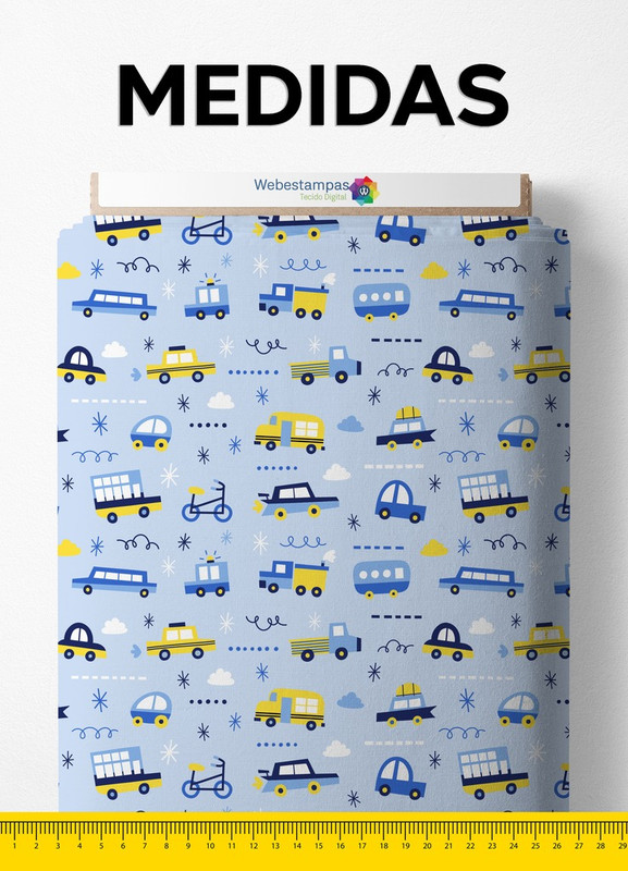 Tecido Cetim Estampa Digital Carrinhos Fundo Azul Bebê 1,40m de Largura