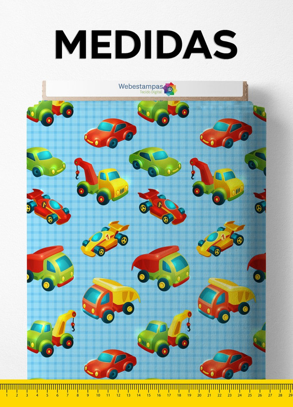 Tecido Cetim Estampa Digital Carrinhos Fundo Xadrez Azul 1,40m de Largura