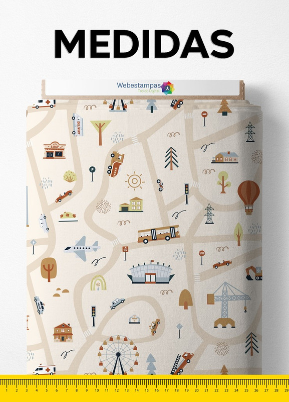 Tecido Cetim Estampa Digital Cidade Fundo Bege 1,40m de Largura