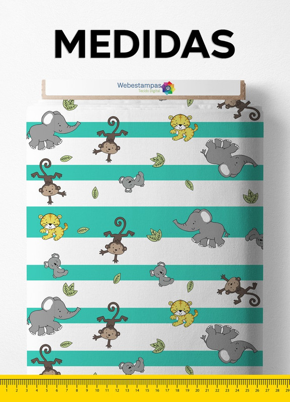 Tecido Cetim Estampa Digital Animais e Listras Verdes 1,40m de Largura