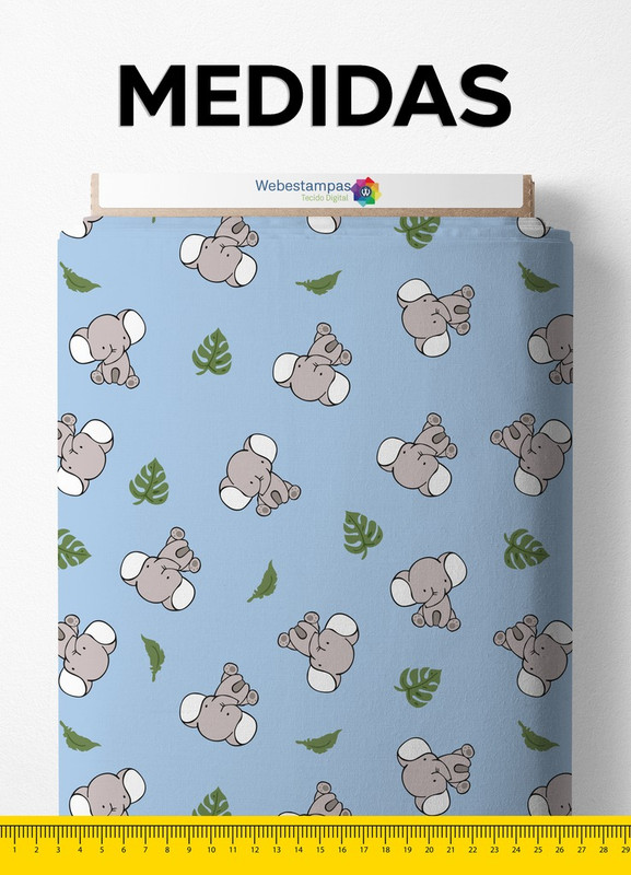 Tecido Cetim Estampa Digital Elefantinho Fundo Azul 1,40m de Largura
