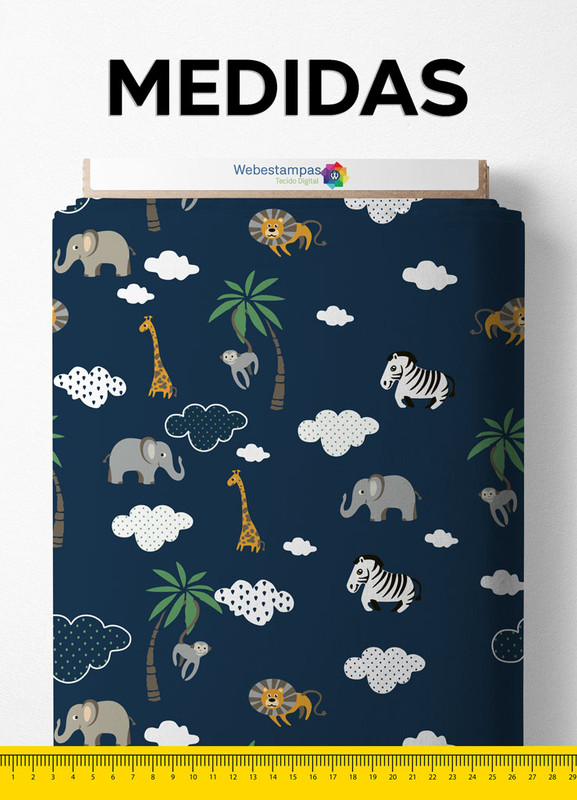 Tecido Cetim Estampa Digital Safári Fundo Marinho 1,40m de Largura