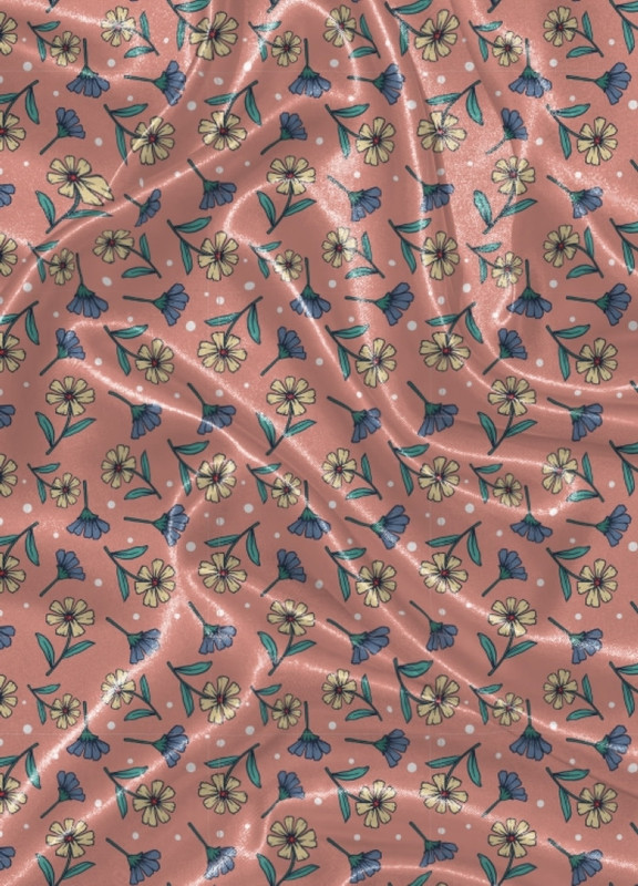 Tecido Cetim Estampa Digital  Flores Amarelas e Roxas  1,40m de Largura