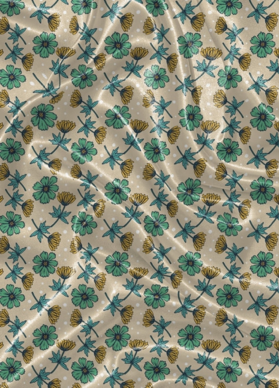 Tecido Cetim Estampa Digital  Flores Amarelas e Verdes 1,40m de Largura