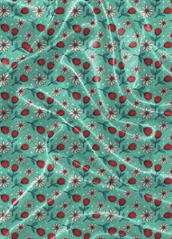 Tecido Cetim Estampa Digital  Flores Vermelha Fundo Azul 1,40m de Largura