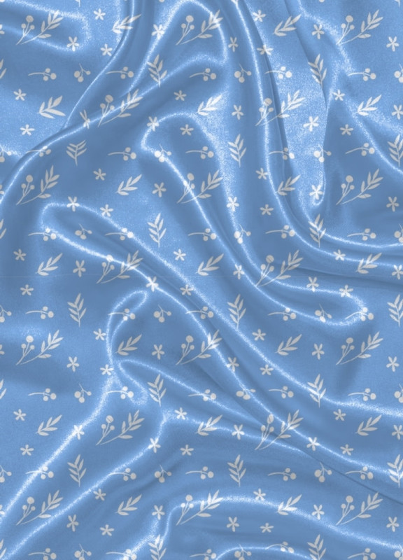 Tecido Cetim Estampa Digital  Raminhos Branco Fundo Azul 1,40m de Largura