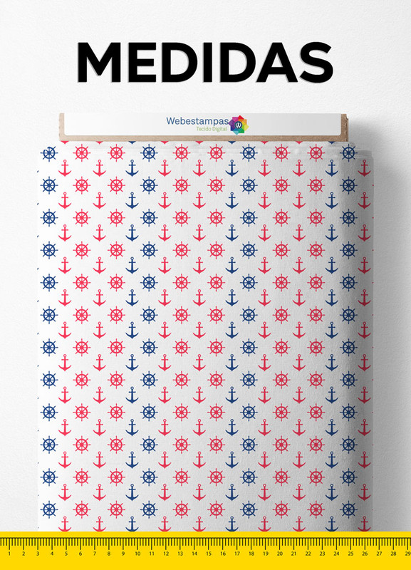 Tecido Cetim Estampa Digital  Ancora Azul e Vermelho 1,40m de Largura