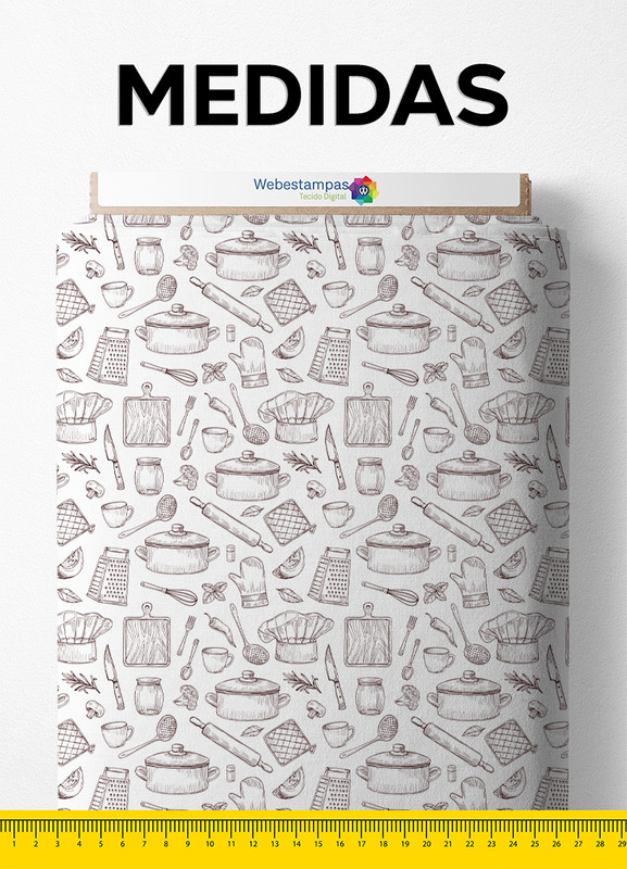 Tecido Cetim Estampa Digital Cozinha Branco 1,40m de Largura