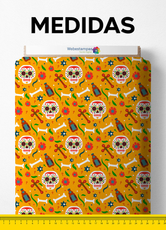 Tecido Cetim Estampa Digital Caveira Mexicana Fundo Amarelo 1,40m de Largura