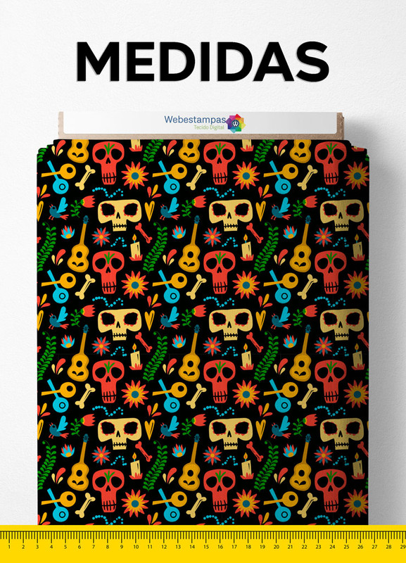 Tecido Cetim Estampa Digital Caveira Violão Mexicano 1,40m de Largura