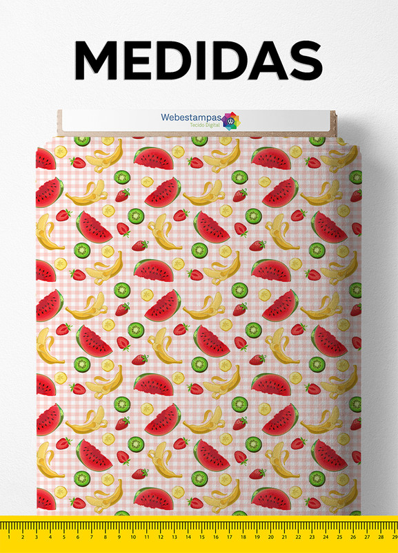Tecido Cetim Estampa Digital Frutas Fundo Xadrez 1,40m de Largura