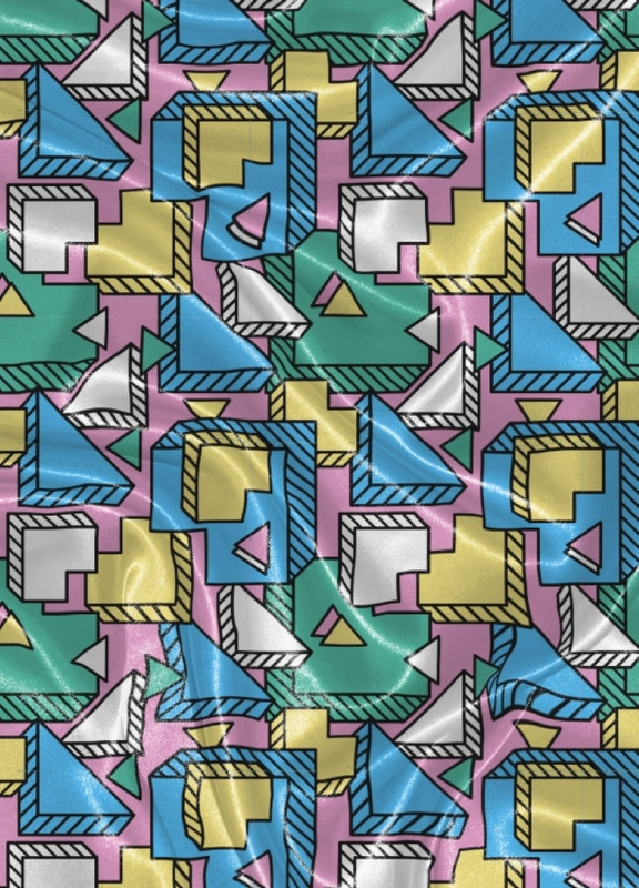 Tecido Cetim Estampa Digital Formas Multicores Fundo Rosa 1,40m de Largura