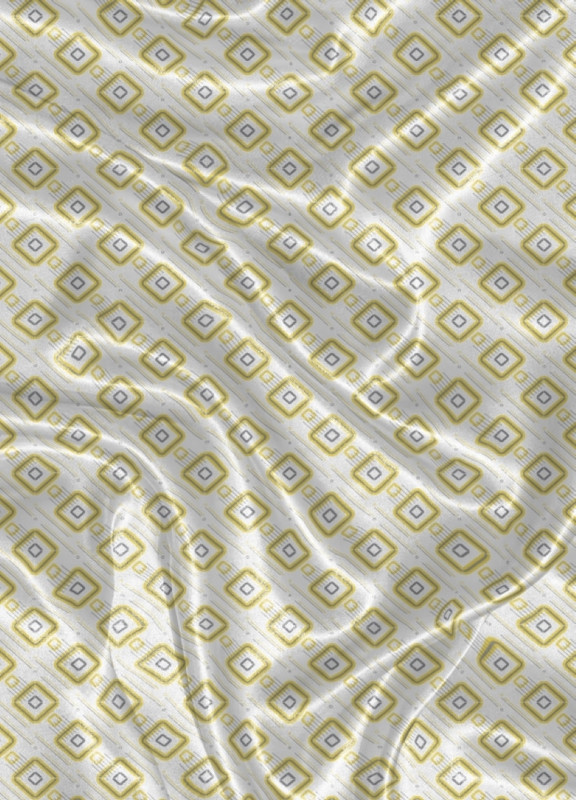 Tecido Cetim Estampa Digital Quadrado Amarelo Fundo Branco 1,40m de Largura