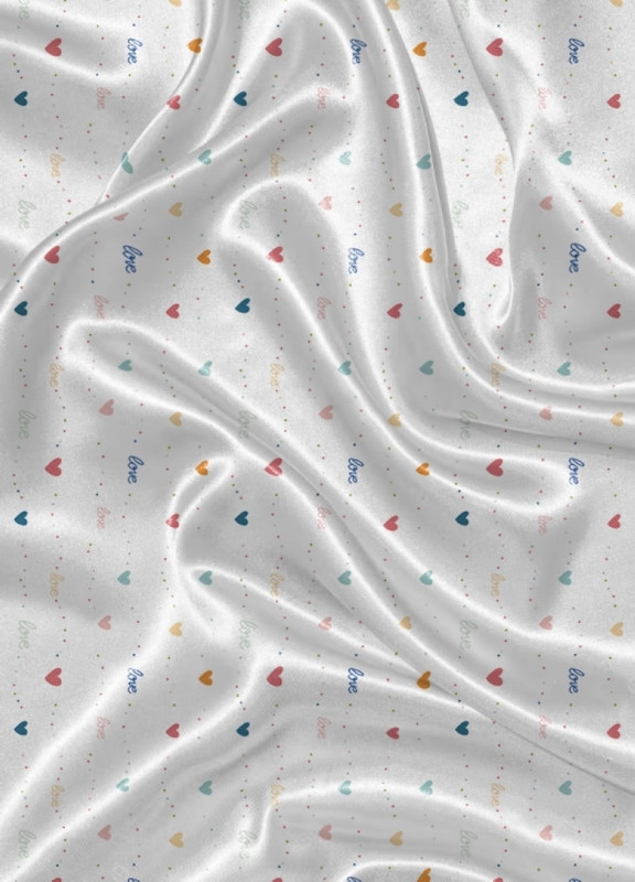 Tecido Cetim Estampa Digital Coracções Love Fundo Branco 1,40m de Largura