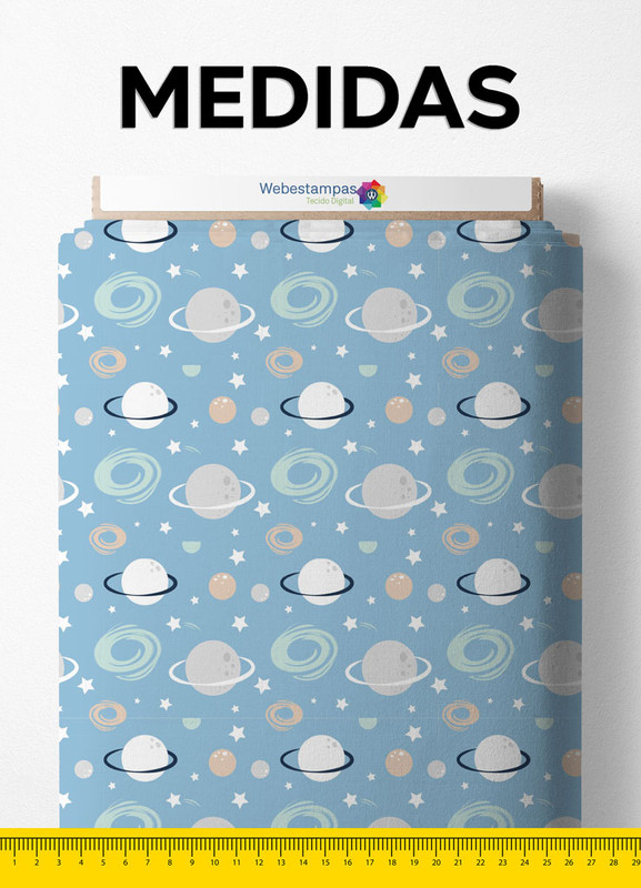 Tecido Cetim Estampa Digital Planetas Fundo Azul 1,40m de Largura