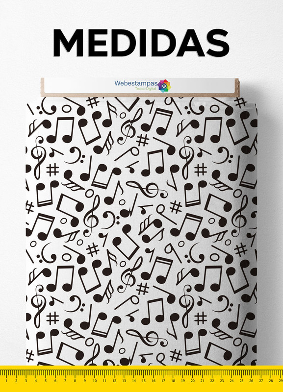 Tecido Cetim Estampa Digital Notas Musicais Pretas Fundo Branco 1,40m de Largura