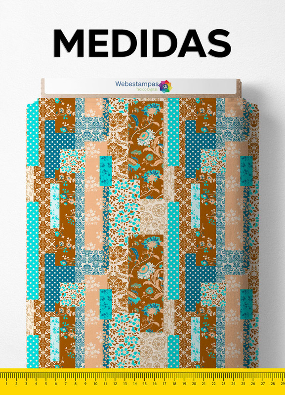 Tecido Cetim Estampa Digital Floral e Poá Azul Com Palha 1,40m de Largura