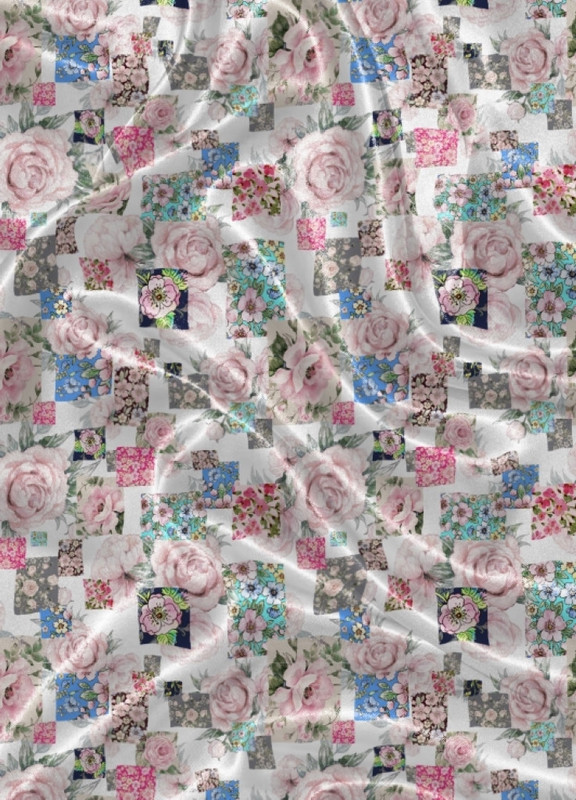 Tecido Cetim Estampa Digital Rosas Palha e Azul 1,40m de Largura