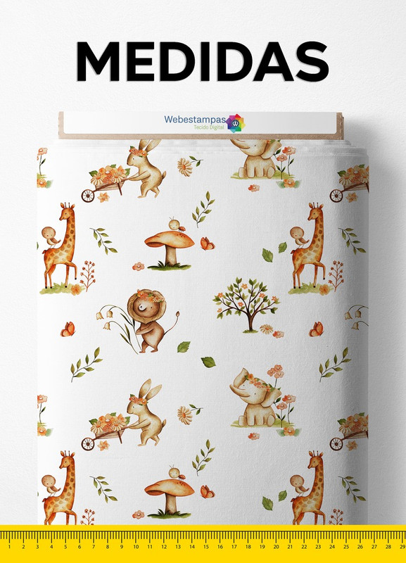 Tecido Cetim Estampa Digital Bichinhos Aquarela 1,40m de Largura