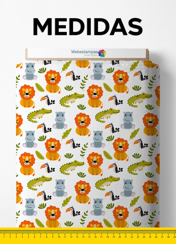 Tecido Cetim Estampa Digital Bichinhos na Selva 1,40m de Largura