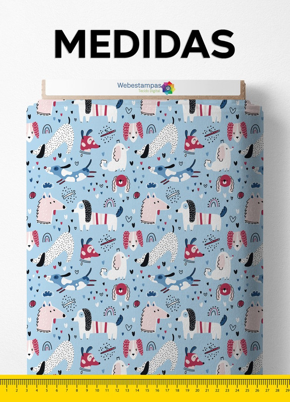 Tecido Cetim Estampa Digital Cachorrinhos Fundo Azul 1,40m de Largura