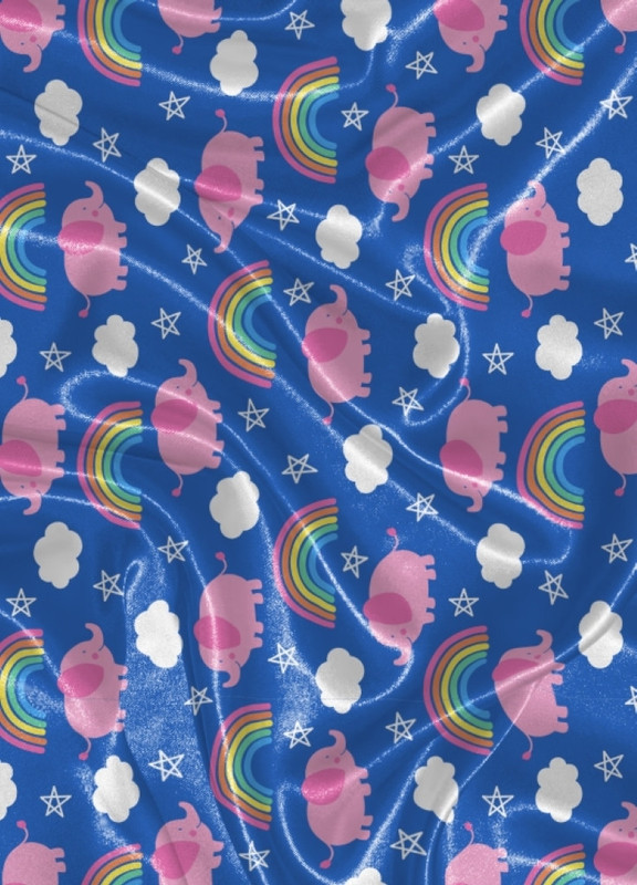 Tecido Cetim Estampa Digital Elefante Arco-Íris Fundo Azul 1,40m de Largura