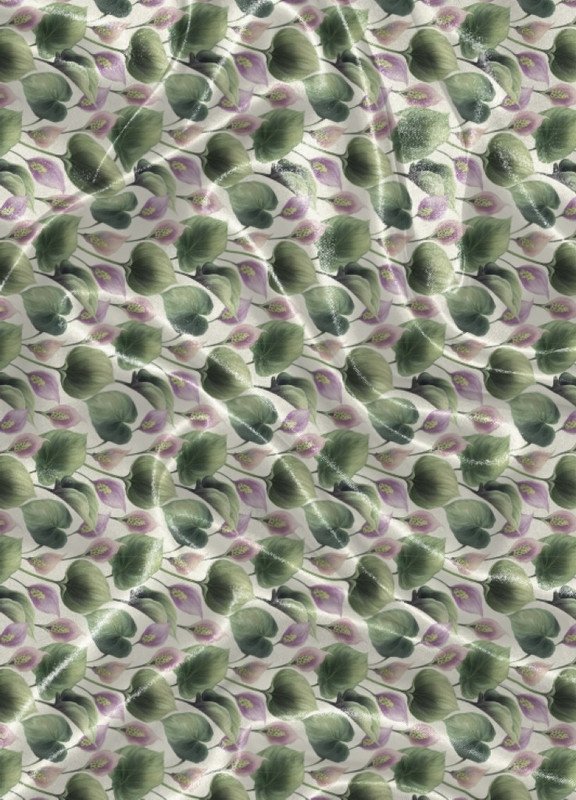 Tecido Cetim Estampa Digital Copo De Leite Roxo e Verde 1,40m de Largura