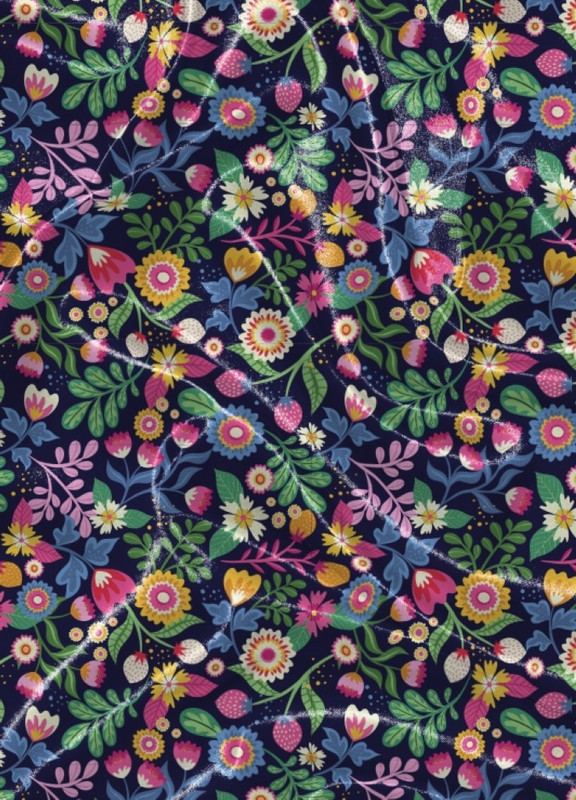 Tecido Cetim Estampa Digital Flores Multicores Fundo Marinho 1,40m de Largura