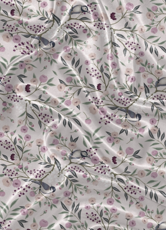 Tecido Cetim Estampa Digital Raminhos Com Passarinhos 1,40m de Largura