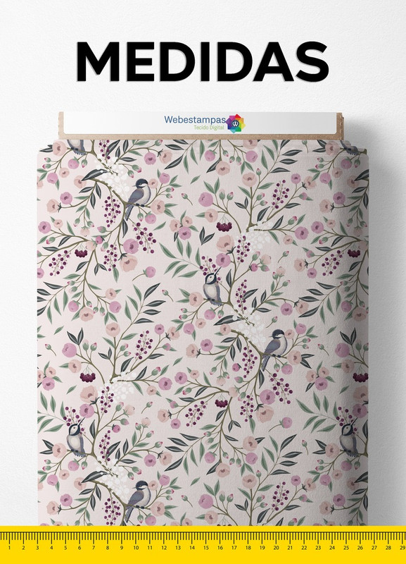 Tecido Cetim Estampa Digital Raminhos Verdes e Rosas 1,40m de Largura