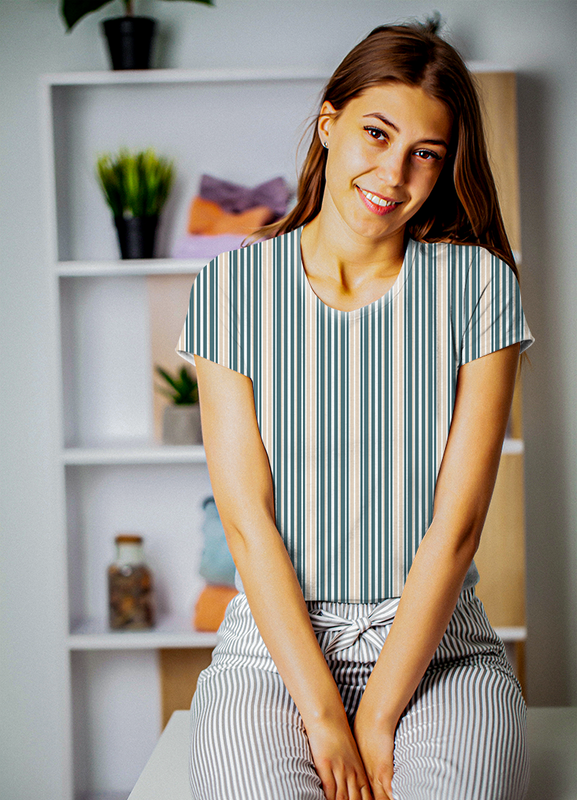 Tecido Cetim Estampa Digital Listras Marinho e Bege 1,40m de Largura