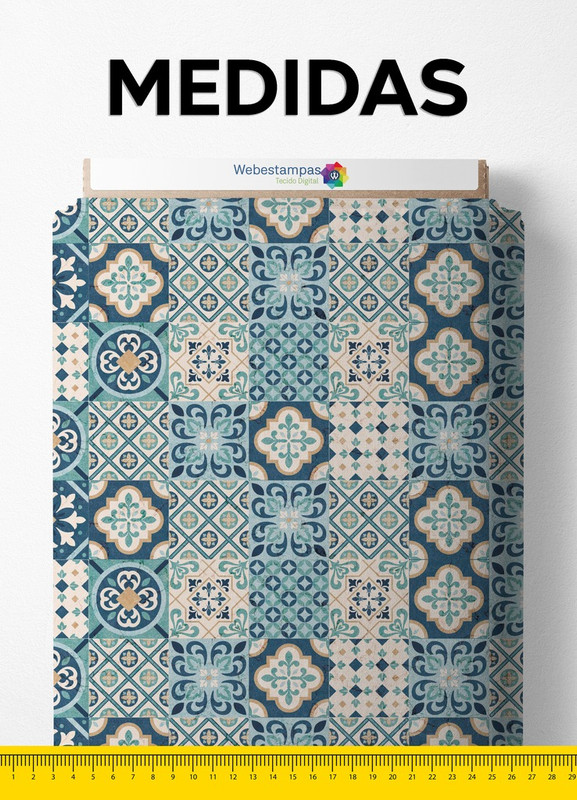Tecido Cetim Estampa Digital Arabesco Azulejo Azul e Palha 1,40m de Largura