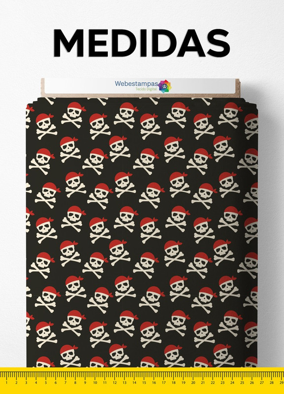 Tecido Cetim Estampa Digital Caveira Pirata Bandana 1,40m de Largura