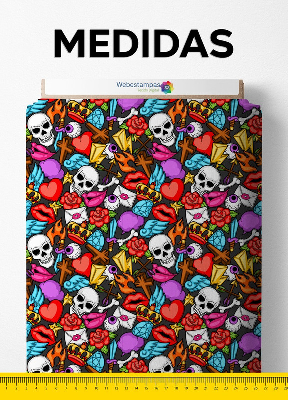 Tecido Cetim Estampa Digital Caveira Tatuagens Coloridas 1,40m de Largura
