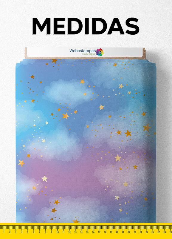 Tecido Cetim Estampa Digital Céu Colorido Com Estrelas Douradas 1,40m de Largura