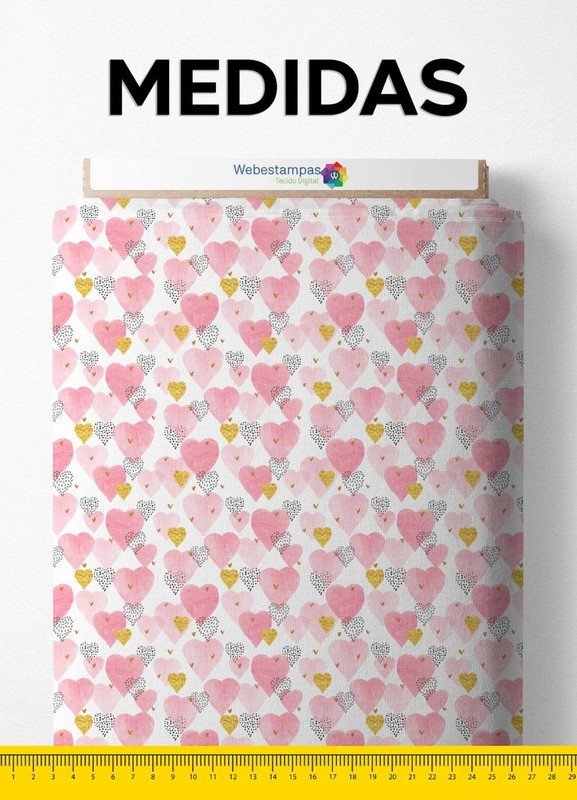 Tecido Cetim Estampa Digital Coração Dourado e Rosa 1,40m de Largura