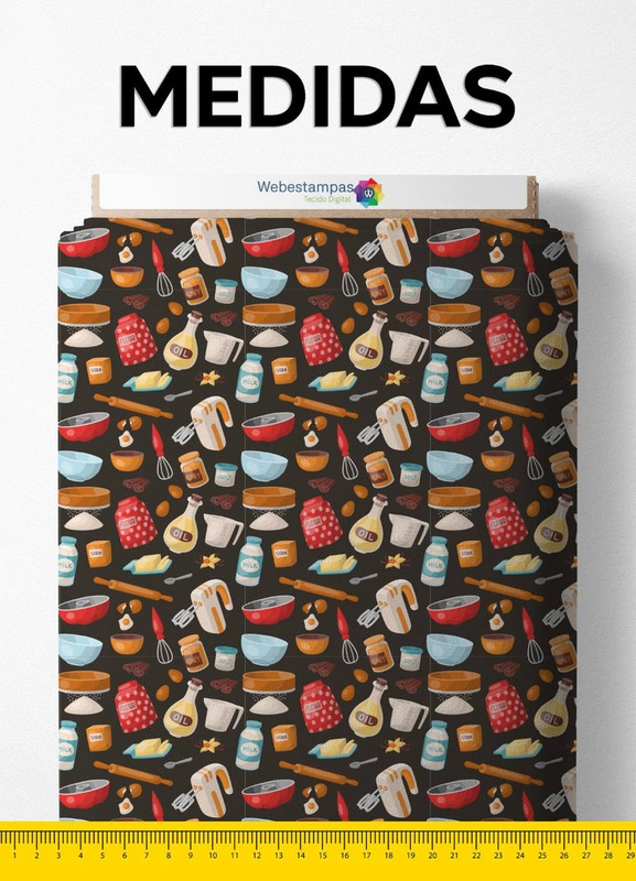 Tecido Cetim Estampa Digital Cozinha Fundo Preto 1,40m de Largura