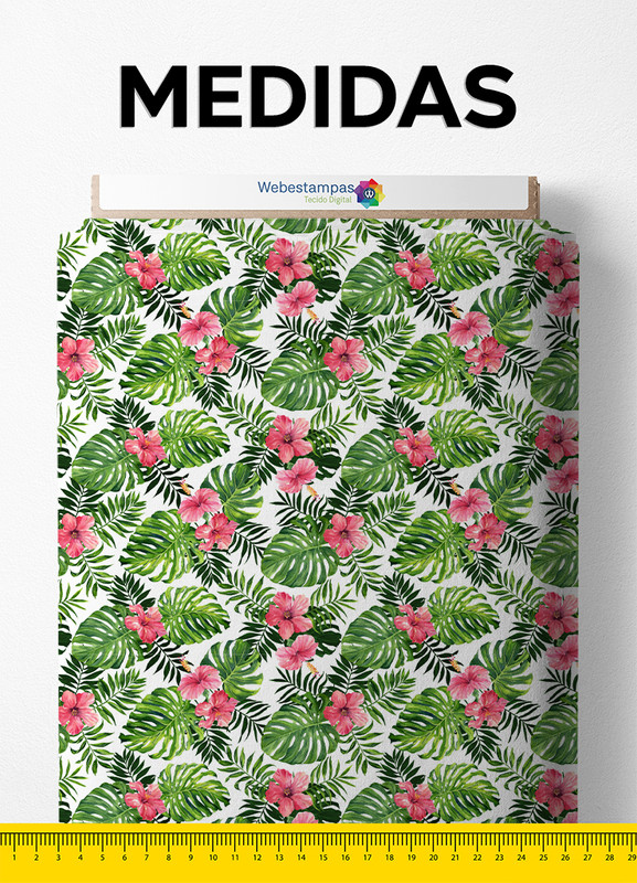 Tecido Cetim Estampa Digital Flores e Folhas 1,40m de Largura