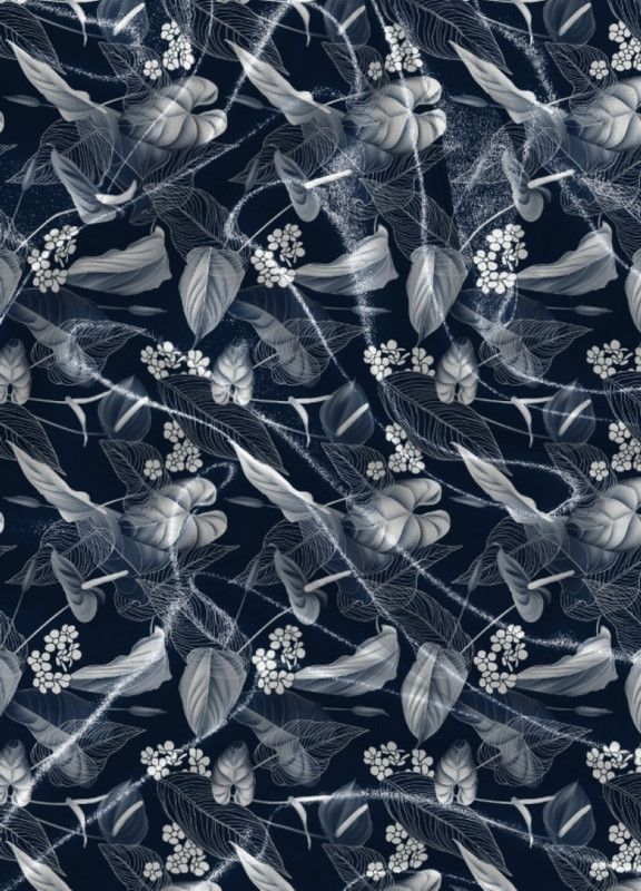 Tecido Cetim Estampa Digital Folhas Brancas Fundo Marinho 1,40m de Largura