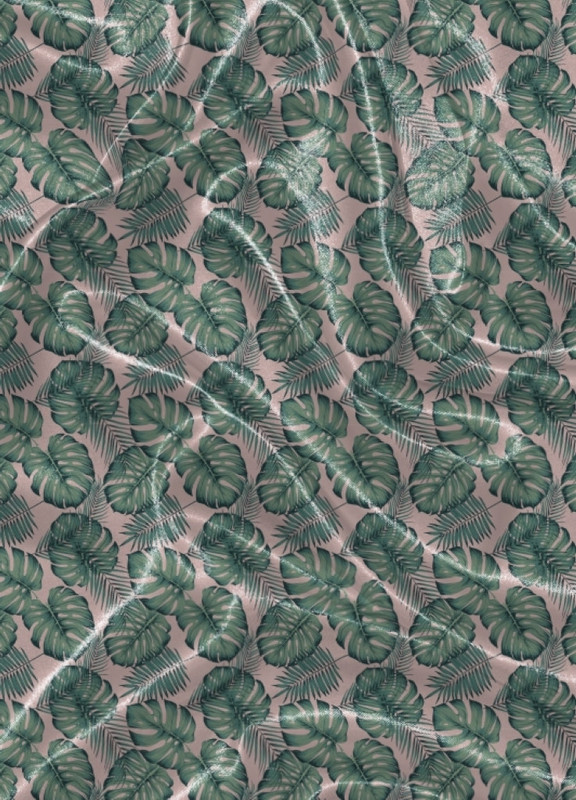 Tecido Cetim Estampa Digital Folhas Verdes Fundo Rosa 1,40m de Largura