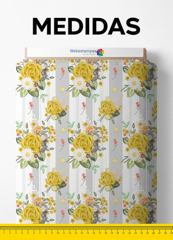 Tecido Cetim Estampa Digital Floral Listrado Amarelo 1,40 de Largura