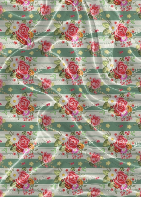 Tecido Cetim Estampa Digital Floral Listrado Verde 1,40 de Largura