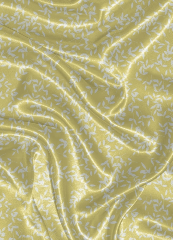 Tecido Cetim Estampa Digital Folhinhas Fundo Amarelo 1,40 de Largura