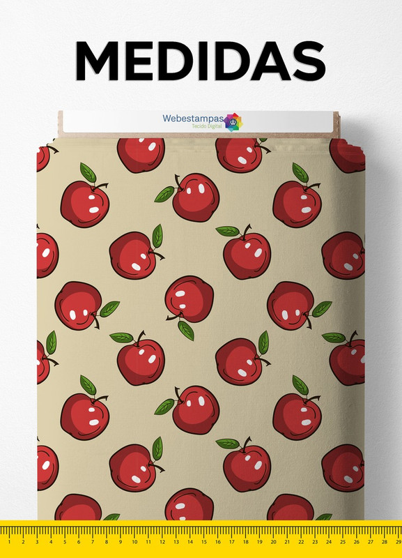 Tecido Cetim Estampa Digital Maçãs Fundo Palha 1,40 de Largura